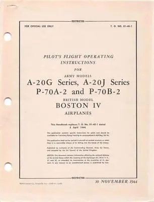 1944 Aaf Douglas A-20gj/p-70ab Havoc Pilots Flight Manual Aircraft Handbook-cd • $24.99