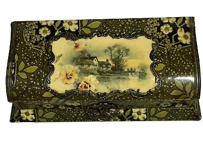 Antique Victorian Celluloid Vanity Dresser Box 11” House Flowers Lake • $49.95