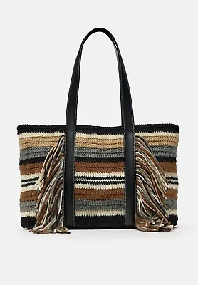 😍Zara Stripe Tote Tassel Fringe PU Leather Deet Ladies Boho Tribal Grab Bag NEW • £29.99