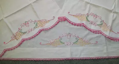 Vintage White Sheet & Pillowcases Embroidered & Crocheted Sheet Abt 72  X 81  • $22.50