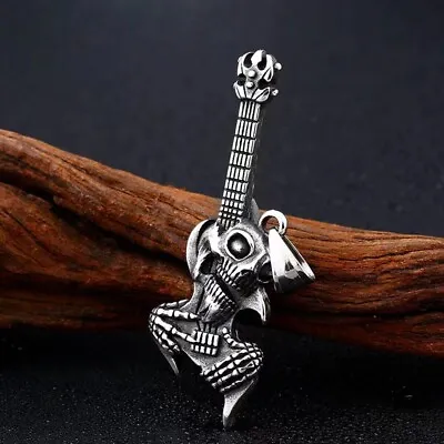 Men Gothic Rock Silver Skull Bass Guitar Pendant Necklace Punk Jewelry Chain 24  • $11.99