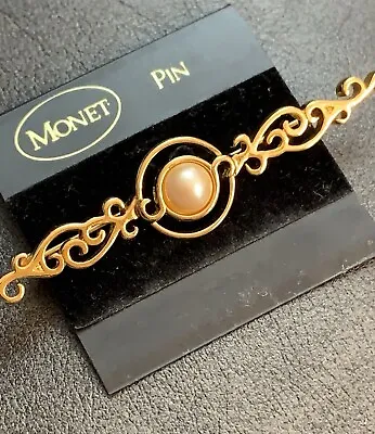 Monet Faux Pearl Bar Brooch Pin Gold Tone Signed 3” • $14.98