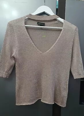 Topshop Rose Gold Knitted Party Top V Neck Metallic Fitted Blouse UK10 US6 EU38 • $32.83