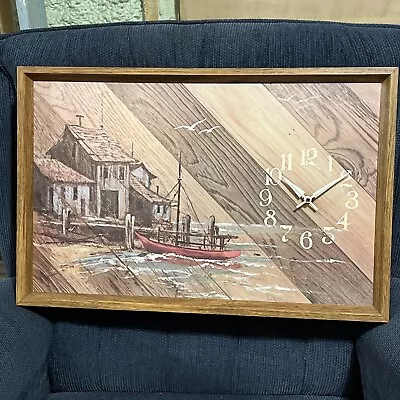 Spartus Wall Painting Clock Dock Boat & Cabin Wood Frame  15x23x2.25 Tested • $30.95