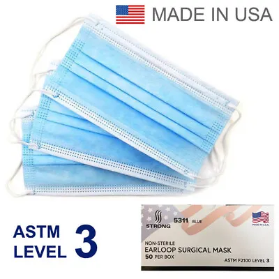 Disposable Medical Surgical Ear-Loop Face Masks ASTM Level 3 50pcs Made In USA • $12.99