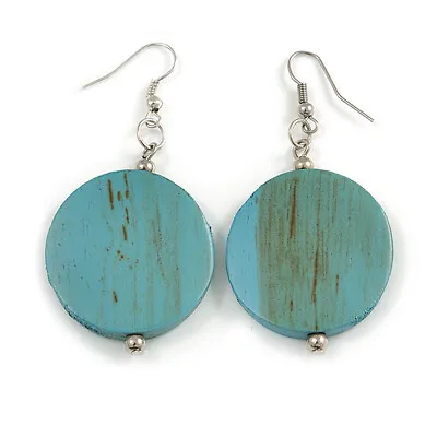 30mm Light Blue Washed Wood Coin Drop Earrings - 60mm L • £9.99