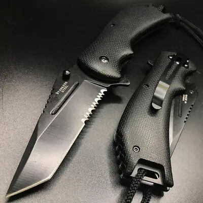 8.5  Black Tactical Super Knife Spring Assisted Open Blade Folding Pocket Knife • $13.99
