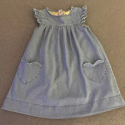 Mini Boden Kids Girls Denim Dress 4 -5 Heart Pockets Floral Lining Ruffle Blue • $18