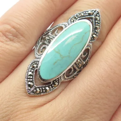 925 Sterling Silver Vintage Turquoise & Marcasite Gem Statement Ring Size 5.75 • $39.99