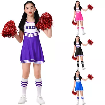 Girls Cheer Leader Costume Set Kids Dancewear Uniform Tops Vest And Skirts UK • £9.99