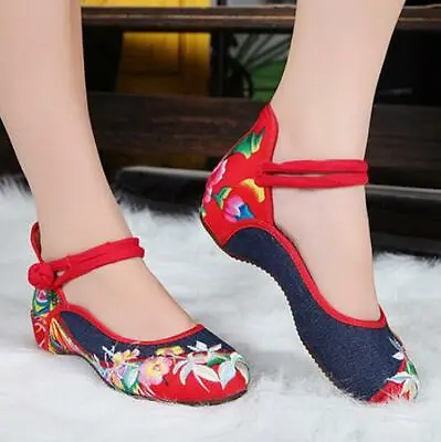 £11.99 • Buy Vintage Womens Chinese Embroidered Pattern Strappy Casual Canvas Flat Heel Shoes