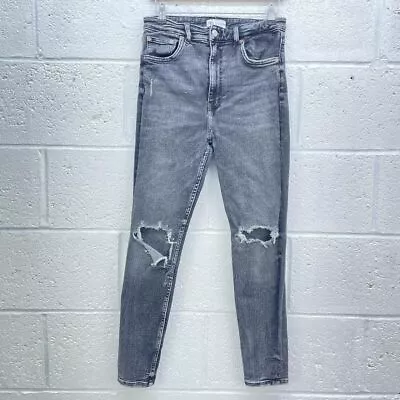 Zara Grey Denim Skinny Jeans Uk 12 Acid Wash Ripped Distressed High Waist • £11.99