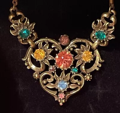 Coro Signed Vintage Gold Tone Multicolor Rhinestone Jeweled Heart Necklace • $35