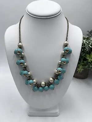 J. Crew Funfetti Aqua Faux Pearl Turquoise Beaded Bauble Cluster Bib Necklace • $34.99