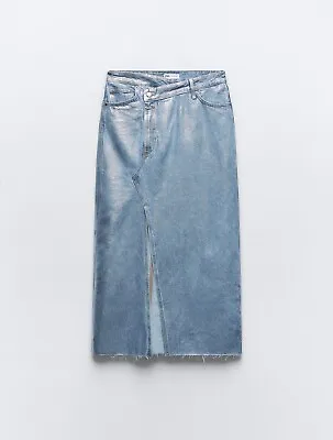 Zara Trf Asymmetric Denim Metallic Skirt. Silver Blue. Ref 6045/017. Size Xs • £25.99