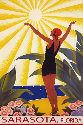 Sarasota Florida Beach Woman Saluting Sun Travel Vintage Poster Repro FREE S/H • $17.90