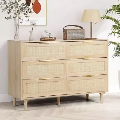 Rattan 6 Drawer Double Dresser Chest Of Dresser For Bedroom Living Room Hallway • $199