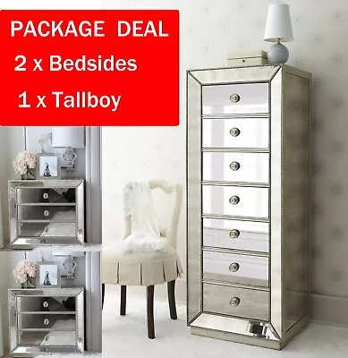 (Pair) Mirrored Bedside Tables & 7 Drawer Tallboy Package Mirror Furniture Chest • $3999