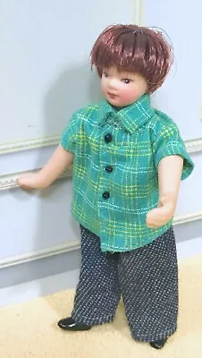 Dollhouse Miniature  Porcelain Dressed Boy Doll In Green Strip Shirt 1:12 Scale • $12.99