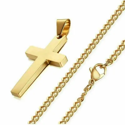 Mens Stainless Steel Gold Plated Cross Plain Pendant 24  Cuban Necklace Chain • $4.05