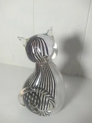 Murano Style Cat Art Glass Encased Black And White Stripe Hand Blown Figurine • $29.99