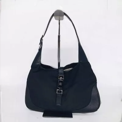 Gucci Jackie Hobo Bag Vintage Canvas Black Leather Piston Shoulder Medium • $435
