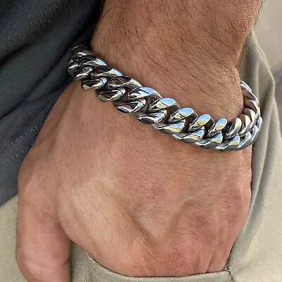 Men's Miami Cuban Link Bracelet Silver Heavy Stainless Steel 14MM 7.5 -9.5  Inch • $18.95