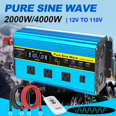 Pure Sine Wave Power Inverter 2000w 4000w Dc 12v To 120v Ac Lcd Remote Converter • $125.99