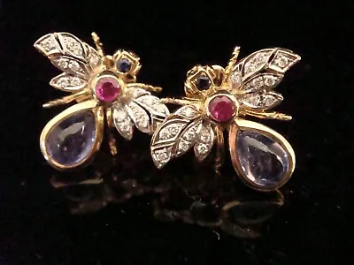 Stunning 18ct Yellow Gold Cabochon Tanzanite Ruby & Diamond Fly Insect Earrings • £1495