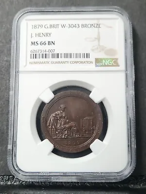 1879 J. Henry London Numismatic Antiquary Medal Britain MS 66 BN NGC #920 • $350