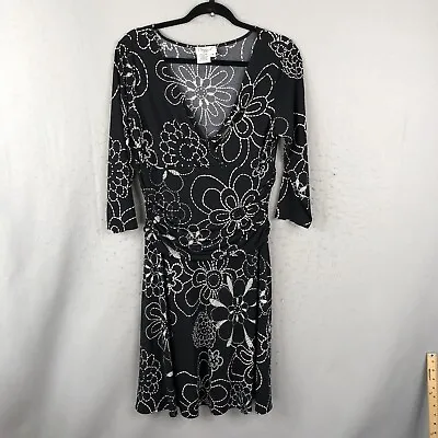 Maggy L Dress Womens 14 Black White Floral Slinky Travel Knit Liquid Ruched • $24.97