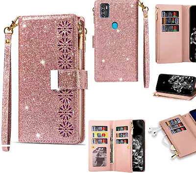 Zte Blade A7s 2020 Case Glitter Leather Triple Wallet 9 Card 2 Pocket Zip • $13.50