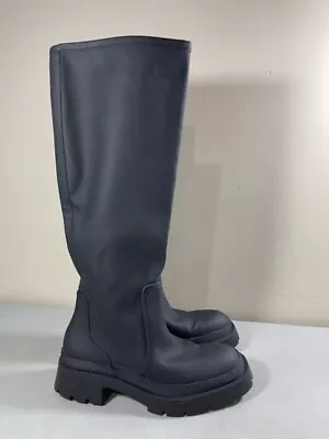 $24.99 • Buy Zara Black Rubberized Knee High Pull On Lug Sole Boots Size 39 Usa 8