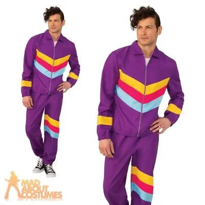 Mens 1980s Shell Suit Costume Purple Scouser Tracksuit Fancy Dress Outfit • £20.99