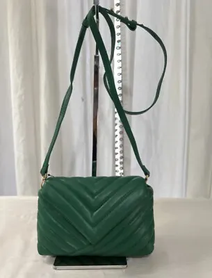 MANGO MNG Crossbody Bag Green Faux Leather Detachable Strap Puffy Clutch Purse • $29.99