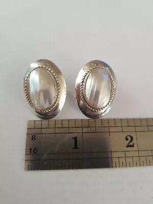 Sterling Silver 925 QT Signed  Mother Of Pearl Oval Stone Pierced Post Earrings • $34.99