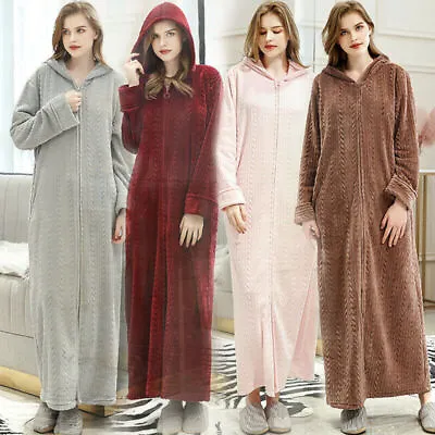 Ladies Extra Long Hooded Dressing Gown Bath Robe Warm Soft Fleece Zip Up Robes • £23.36