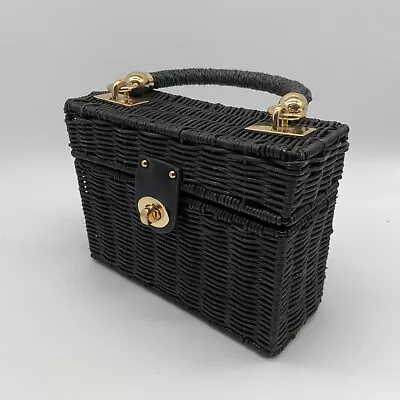 ZARA Structured Woven Grab Clutch Bag VGC Box Black Gold Rattan Classic • £18.57