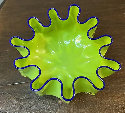 Epiphany Glass Studio Splash Bowl Signed Art Glass 2005 Lime Green W/Blue Rim • $250