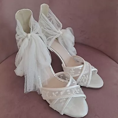 Bridal Wedding Shoes Peep Toe High Heel  Gorgeous Lace & Tulle Bow Size 39 • £45