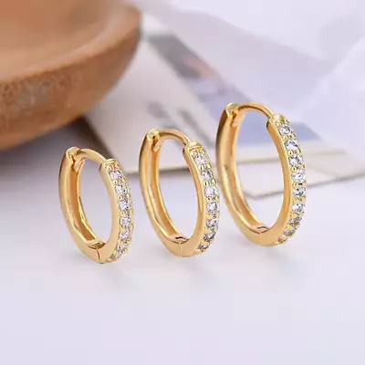 18ct Yellow Gold On Silver Sparkling CZ Huggie Hoop Ladies Earrings • £12.99