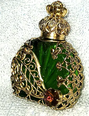 Vintage Czech Gold Filigree Green Glass 2.25  Perfume Bottle Bejeweled • $24.95