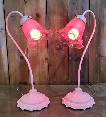 Pair Vintage Fairy Lamps Round Base Goose Neck Pink Boudoir Parlor Glass Shade • $69.95