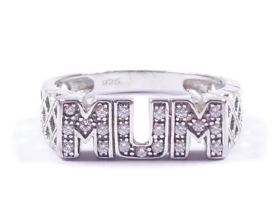 MUM Ring 925 Sterling Silver Cubic Zirconia Patterned Shoulders UK Size Q 1/2 • £27