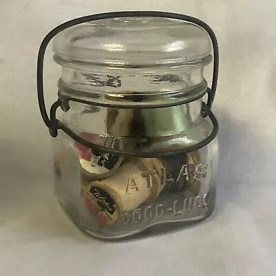 Vintage Atlas Mason Good Luck Glass Canning Jar W/ Spools & Thread Locking Lid • $22.99