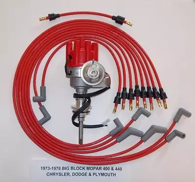 MOPAR 440 1973-1978 RED Small Female Cap HEI Distributor & 8mm Spark Plug Wires • $119.95