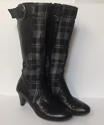 MANAS Lea Foscati Designer Black Leather Boots With Black Check Pattern UK 5 38 • £25