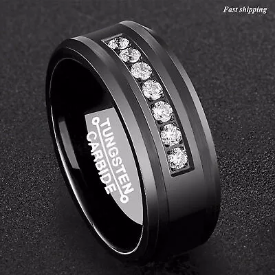 8mm Black/Silver Tungsten Carbide Ring Inlay Comfort Fit ATOP MEN Wedding Band • $23.29