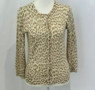 J Crew Womens Beige Animal Print Merino Wool 3/4 Sleeve Cardigan Sweater S • $12.47