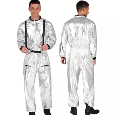 US Mens Astronaut Role Play Costume Shiny Metallic Spaceman Long Sleeve Jumpsuit • $9.39